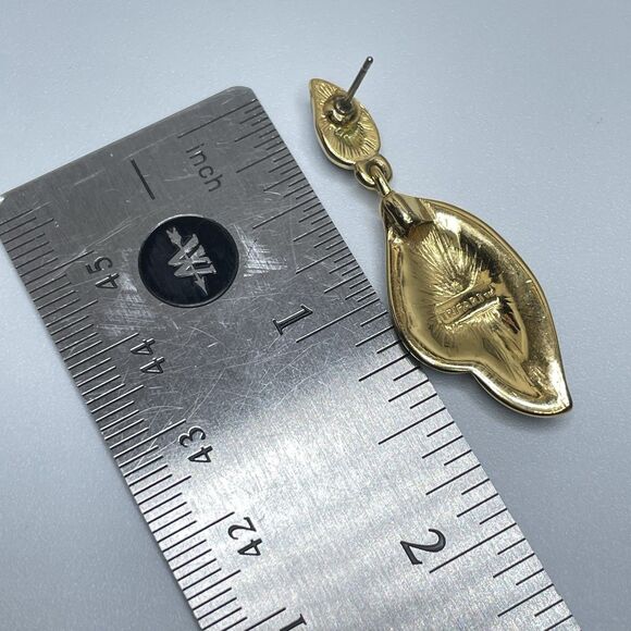 Vintage Trifari Gold Tone Black Enamel Dangle Earrings Statement Elegant Classic - Picture 7 of 7